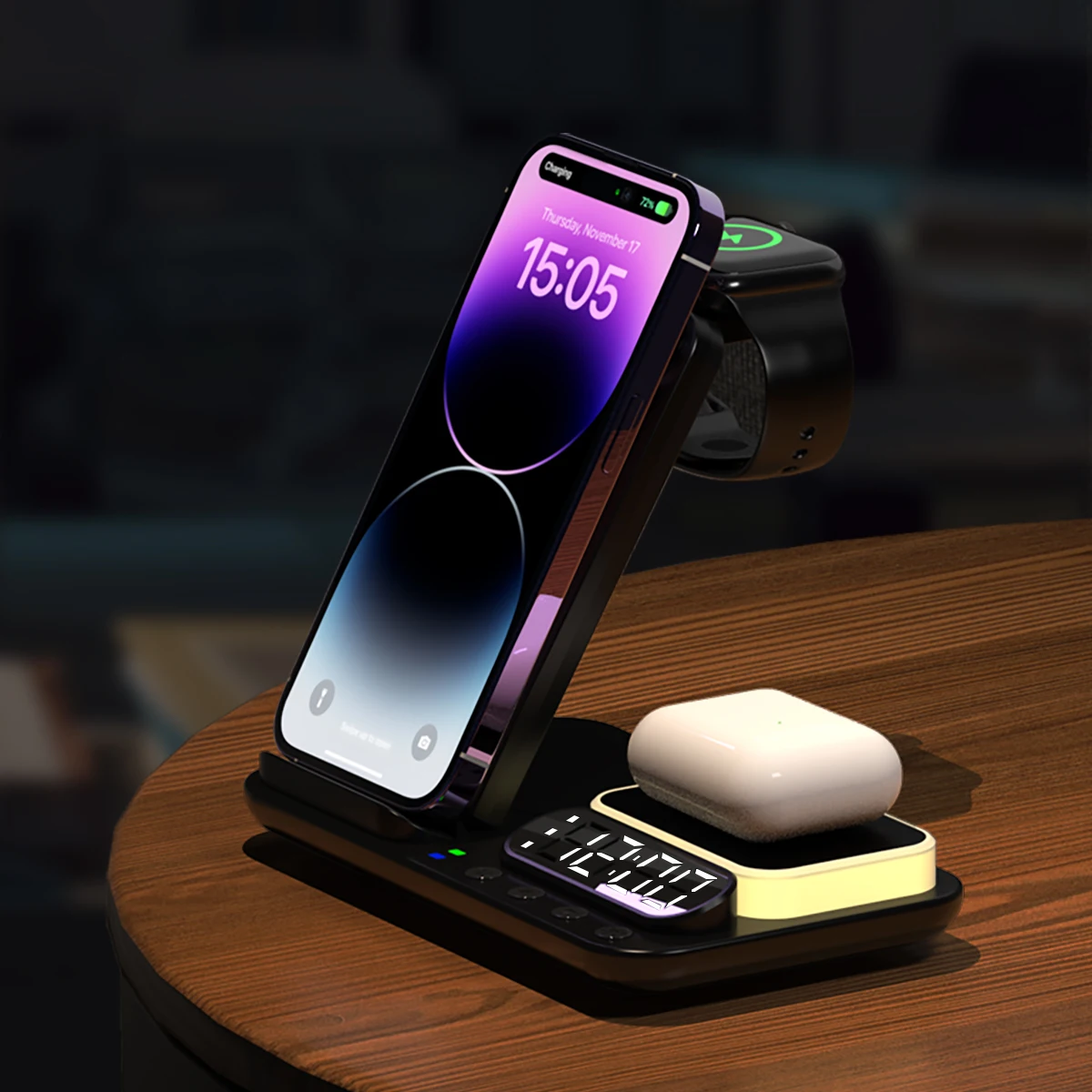 Custom Logo Wireless Station Phone Charger Fast Smart Charging 15 Watt 5 in 1 Foldable Bedside Lamp with Wireless Charger