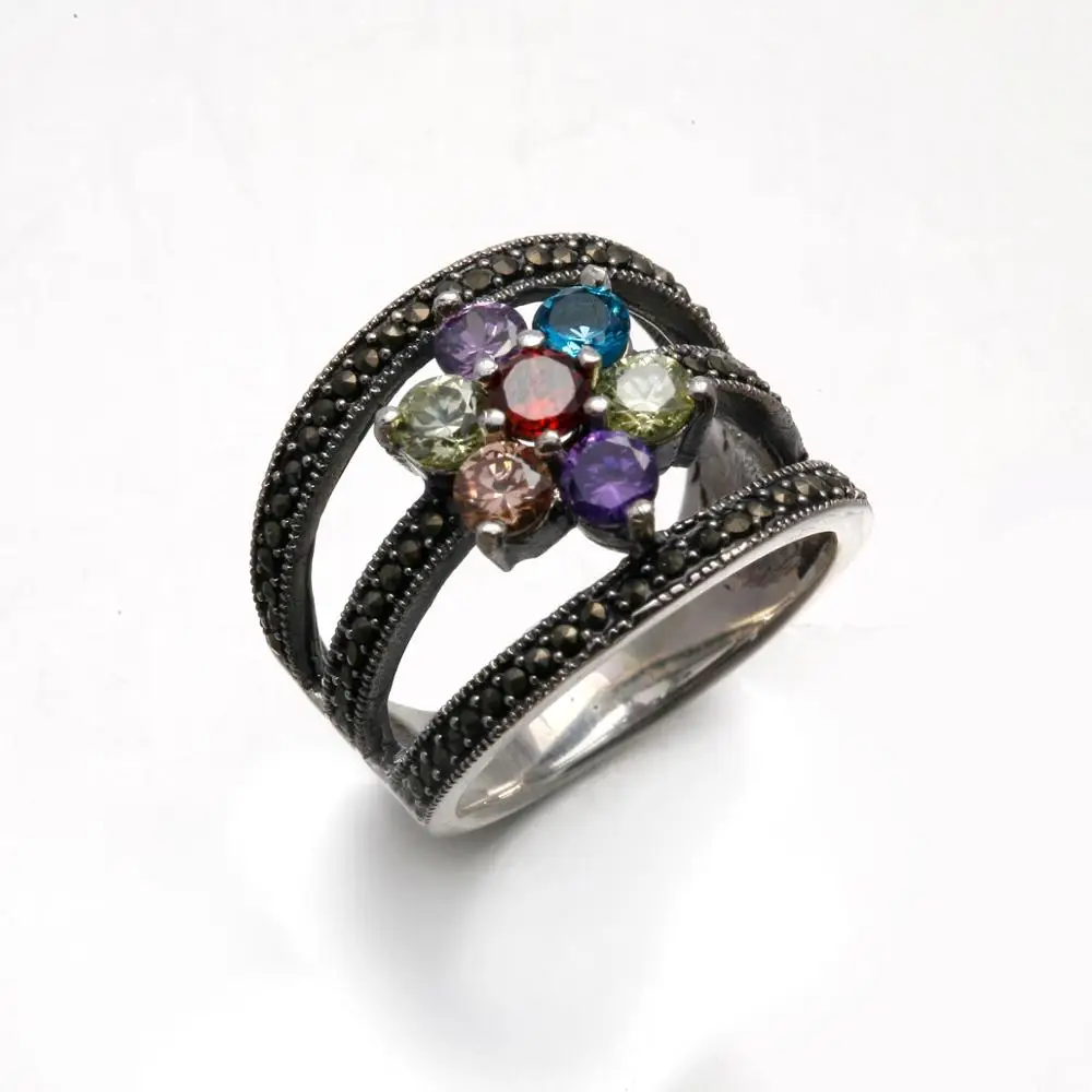 Marcasite Ruby Rings Designed Sterling Silver New Poly Bag CLASSIC Zircon Antique Silver Geometric Silver Fashion Jewelry 6.8 G