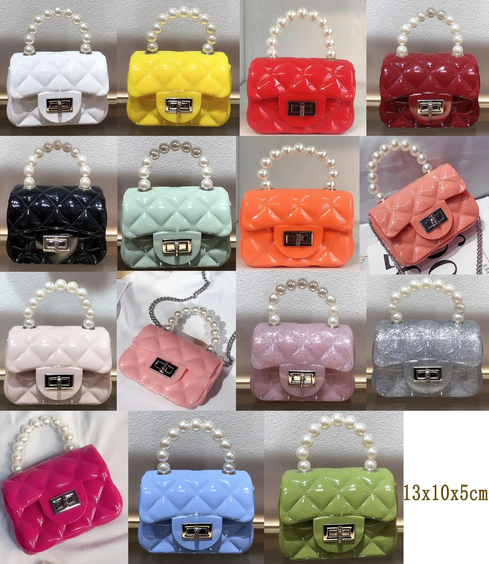 
Cowinner New Portable PVC Jelly Bag For Girl Mini Handbag Shoulder Messenger Pearl Crossbody Rhombus Small Square Bag With Chain 