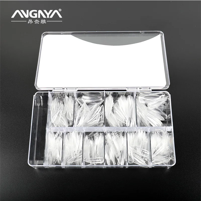 Angnya 500Pcs Full Cover Gel Long Clear Acrylic Almond Nail Tips With Empty Nail Tip Boxes