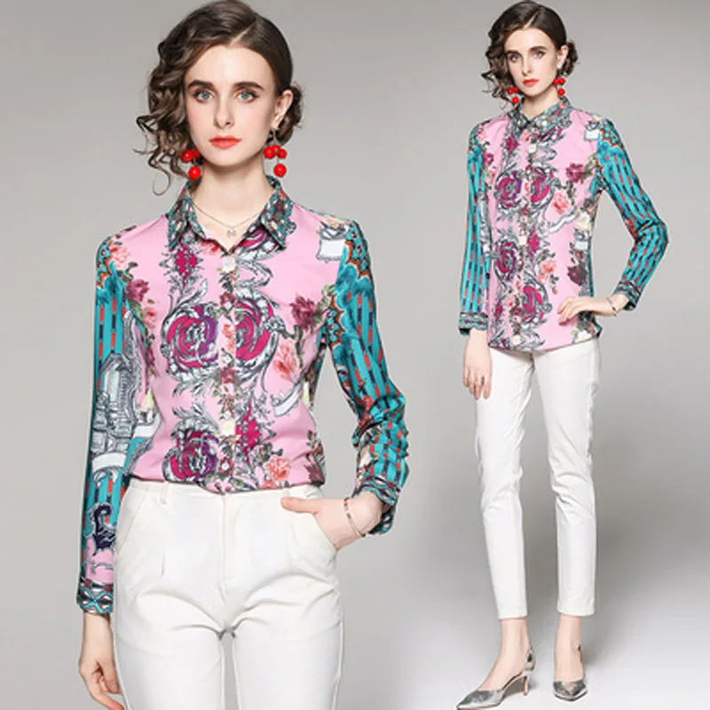 DD1147045#European and American fashion all-match waist waist was thin positioning printing shirt