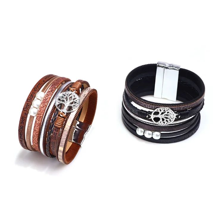 
Magnetic clasp bracelet women wholesale bling leather double wrap bracelet engraved strip and life tree accessories bracelets 