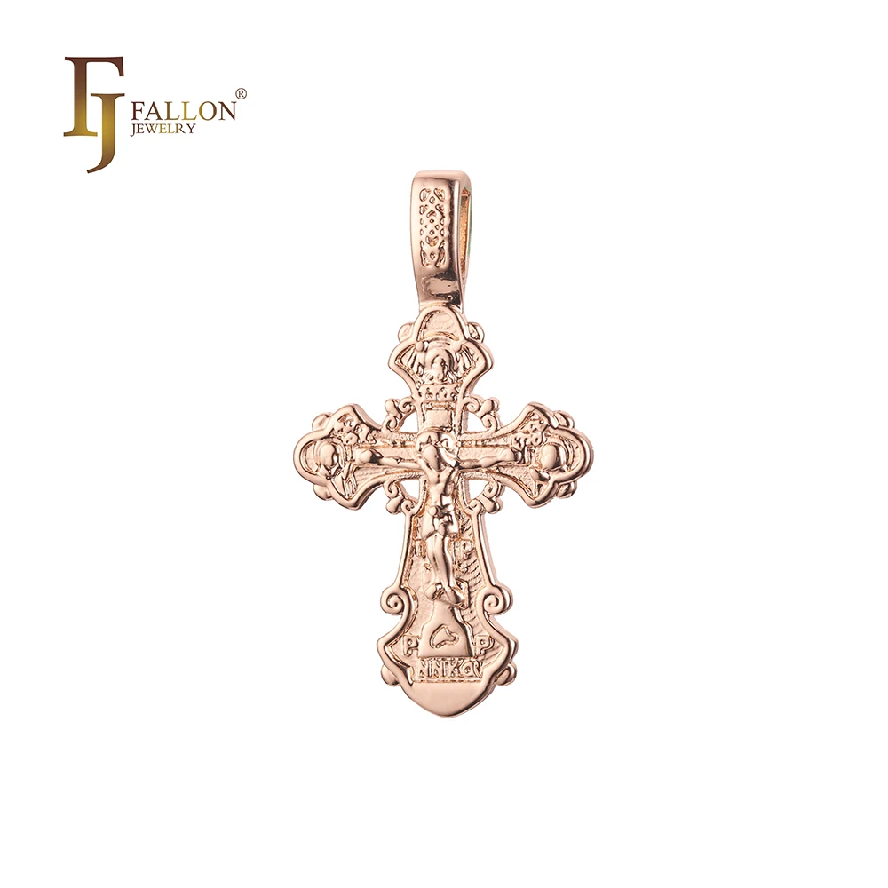 F86100310 FJ Fallon Fashion Jewelry Catholic Cross Budded Pendant Plated in Rose Gold Brass Based