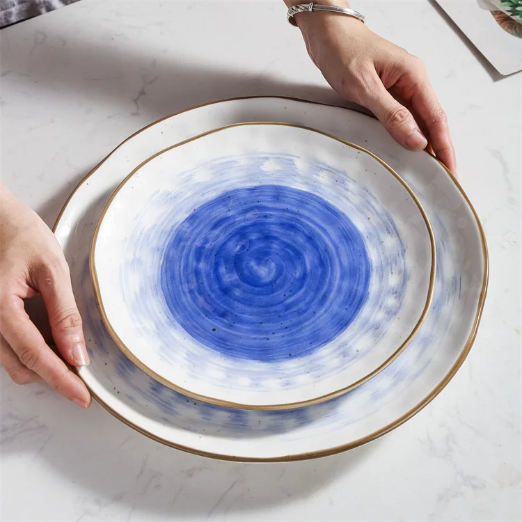 Elegant hand painted luxury home goods 16pcs ceramic royal blue teller dinnerware sets kitchen dinnerware for gift