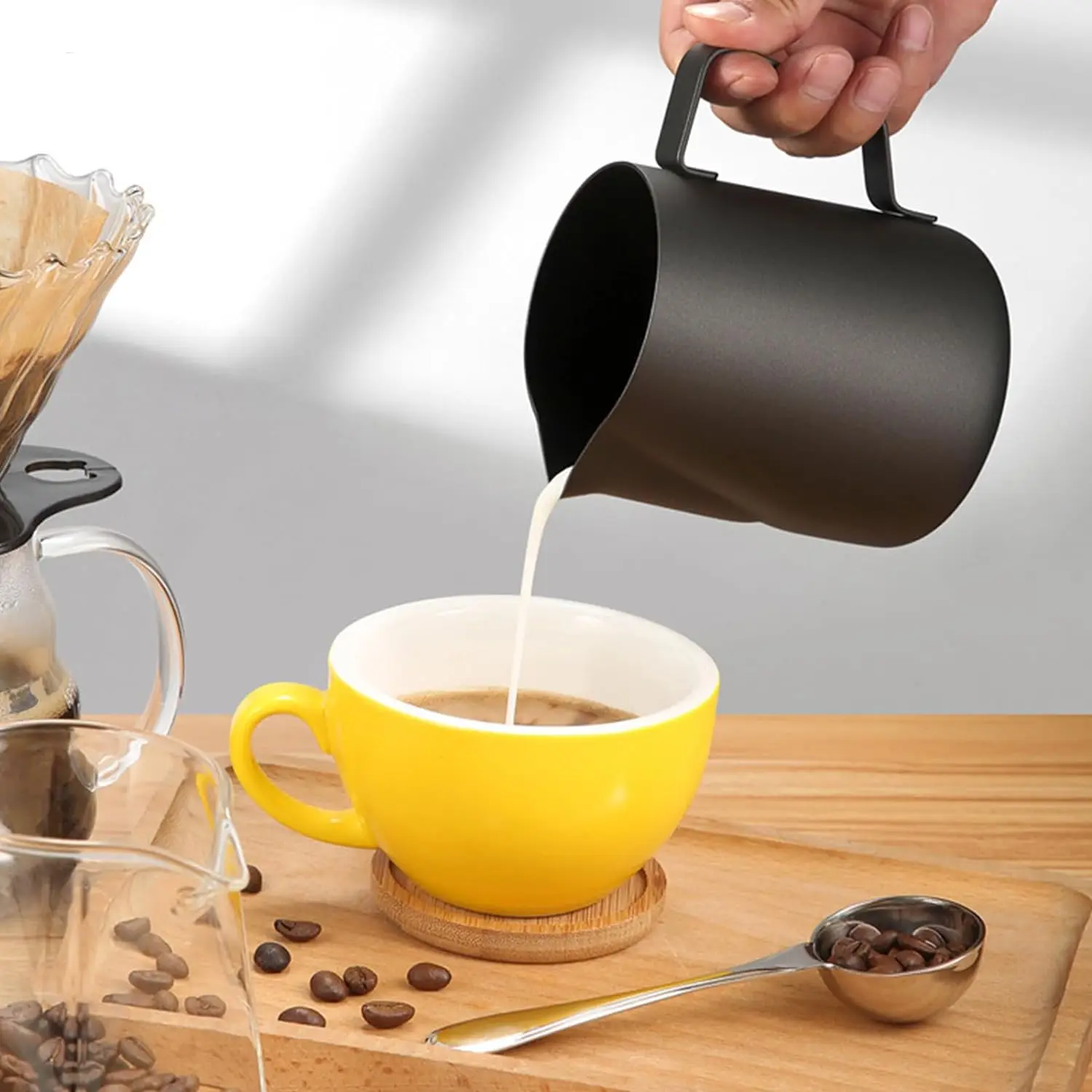 Black 350ML Milk Frother Jug Cup 304 Stainless Steel Milk Frothing Pitcher for Latte Coffee Cappuccino