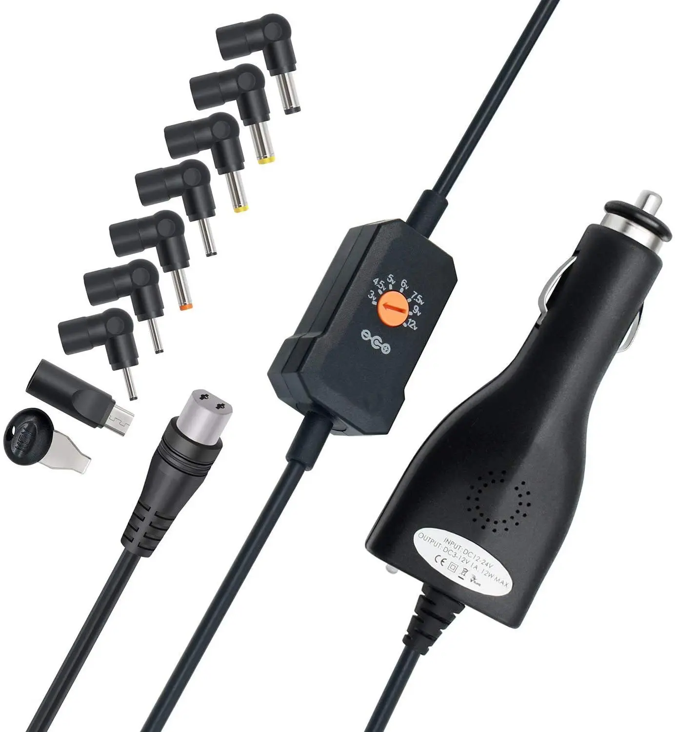 12W Universal Car Charger Cigarette Lighter 3-12V Multi-Tips for Electrical Devices, with Micro USB Plug