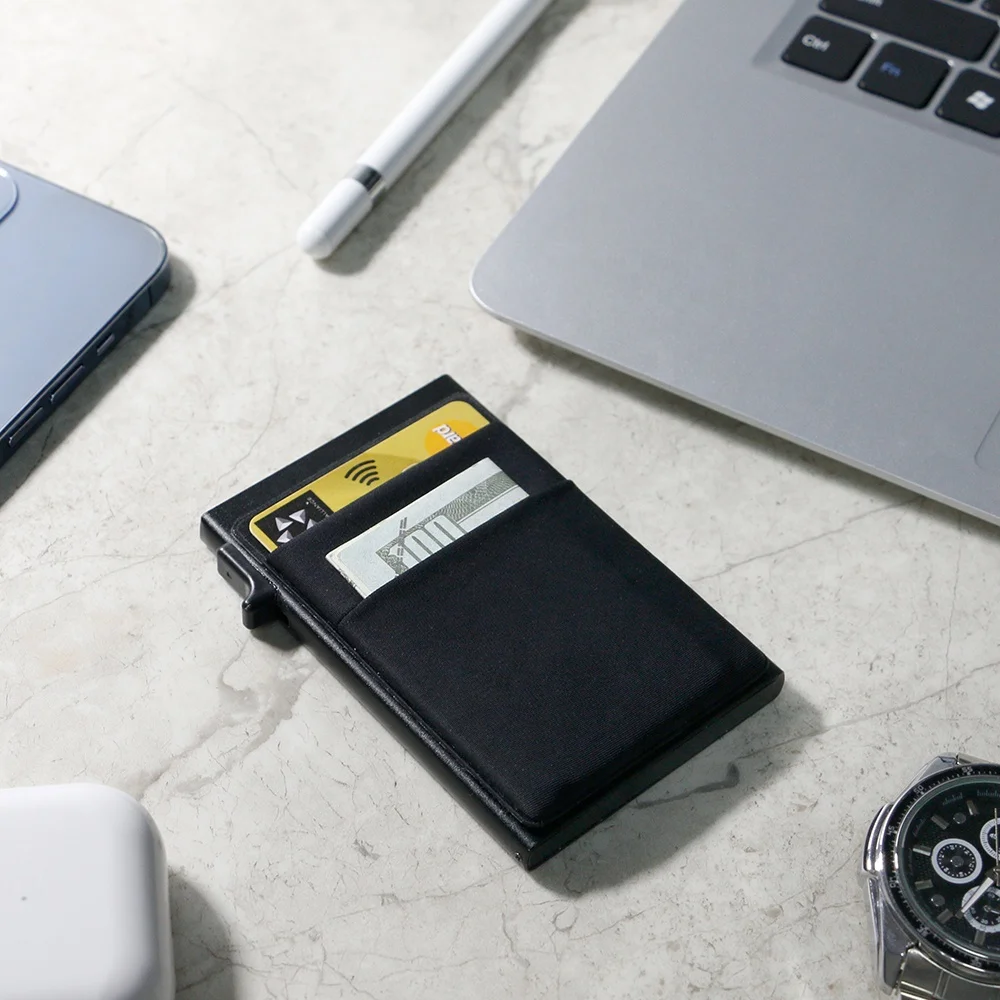Card Holder with Money Pocket Pop Up Wallet RFID Blocking Slim Metal Bank Card Case Holds 5 Cards and Notes