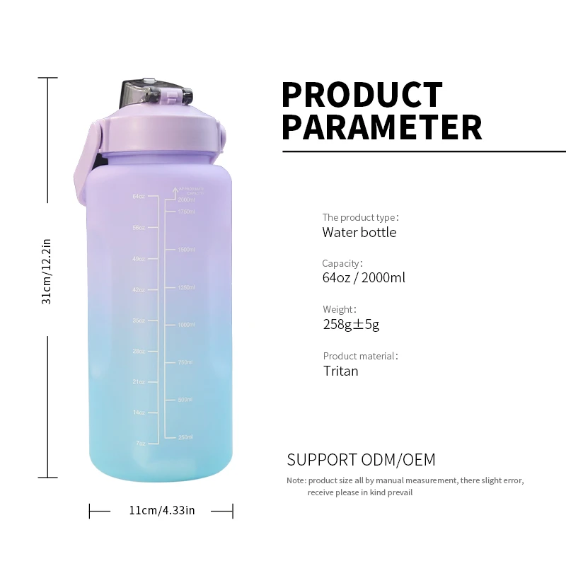 2L sleeve motivational water bottle  bpa free tritan sport gym plastic water bottle with time marker