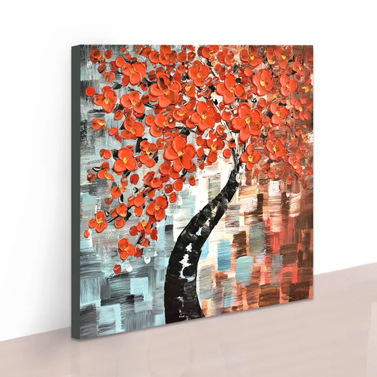 
Hand Made Knife Art Work Red Flower Canvas Oil Painting Abstract 3D Wall Art For Home Decor 