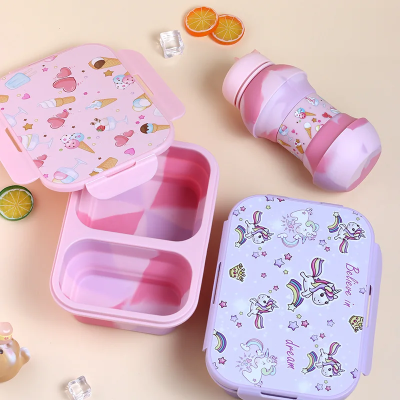 2pcs/set Baby Feeding Set Food Grade Silicone Kids Lunch Box Fold Water Bottle Cup Tableware