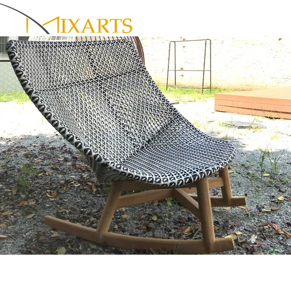 Mixarts garden furniture outoodr  rattan wicker teak wood base rocking lounge chair