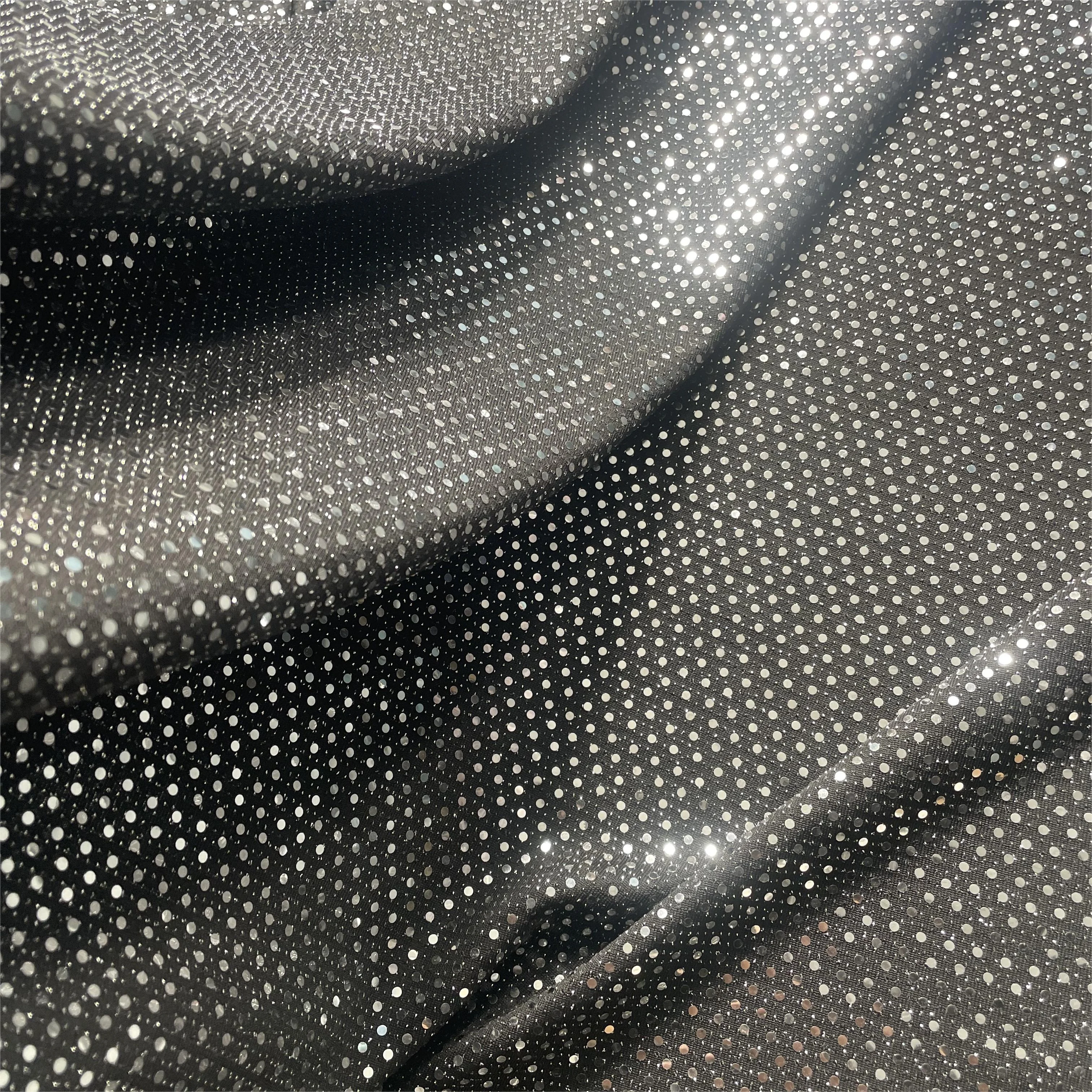 Fashion polyester wire sequins decal fabric dress flash stretch knit fabric laser polka dot perm women jacquard fabric