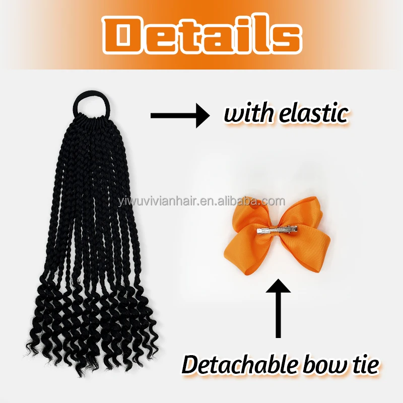8inch kids box braid ponytail with curly ends hair extension ponytail crochet loc ponytail with butterfly shape clips and bow