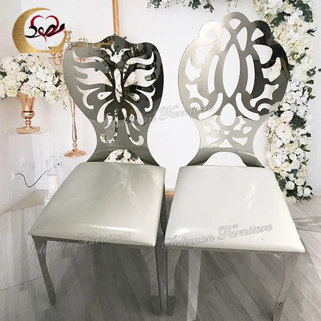 Dining furniture white PU leather cushion carving silver throne chairs
