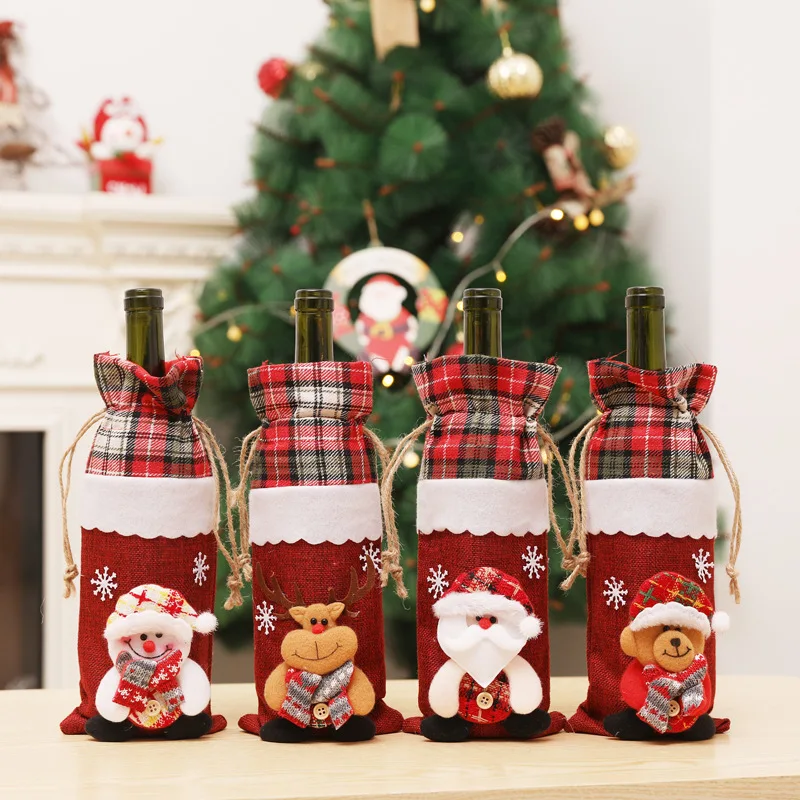 Wholesale Xmas Red Wine Bottle Cover Bags With Drawstrings Christmas Wine Bottle Decor Bag Covers For Christmas Party