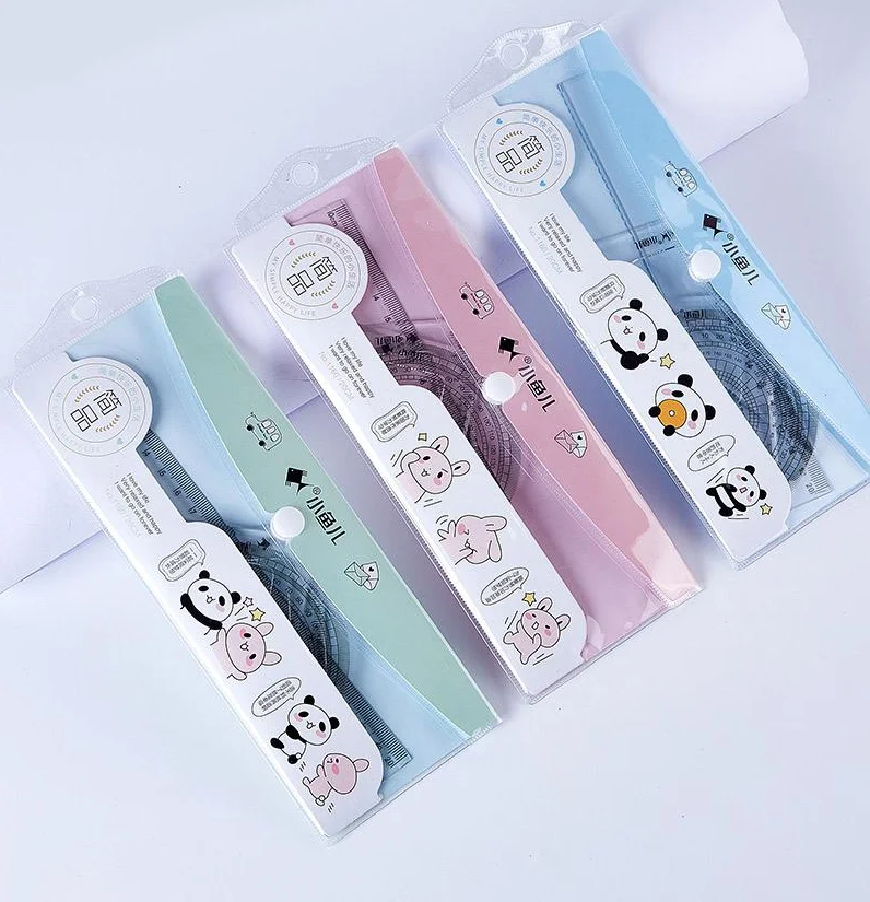20cm plastic  ruler sets delicate design in PVC Bag drawing ruler  measuring tools set school stationary