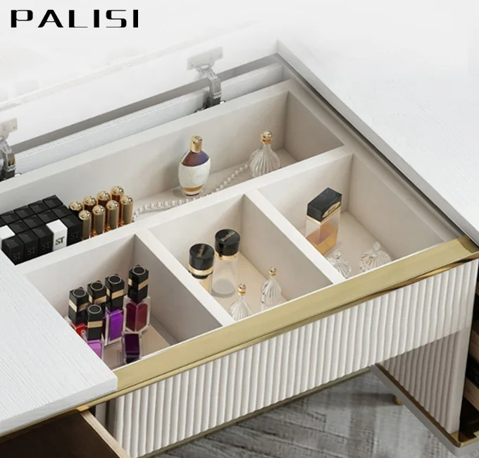 Modern Luxury Dressing Makeup Table Set Design Mirror with Flip-Open and Chair Dresser Furniture Chest Drawers