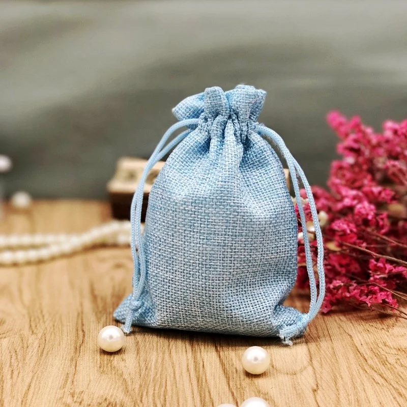 Plain  linen drawstring pouches packaging small gift bag with ties canvas jewelry drawstring bag