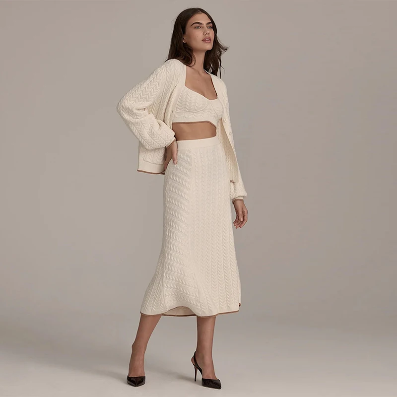 Source Factory Oem Women Clothing Bra Cardigan Cable Knit Midi Skirt 3 Piece Set Women