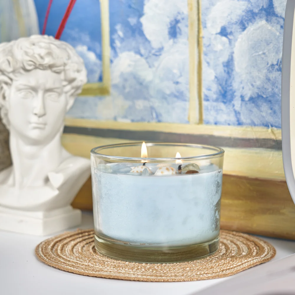 Novelty Style Shell Pillar Jar Natural 2 Wick Blue Scented Candles with Logo