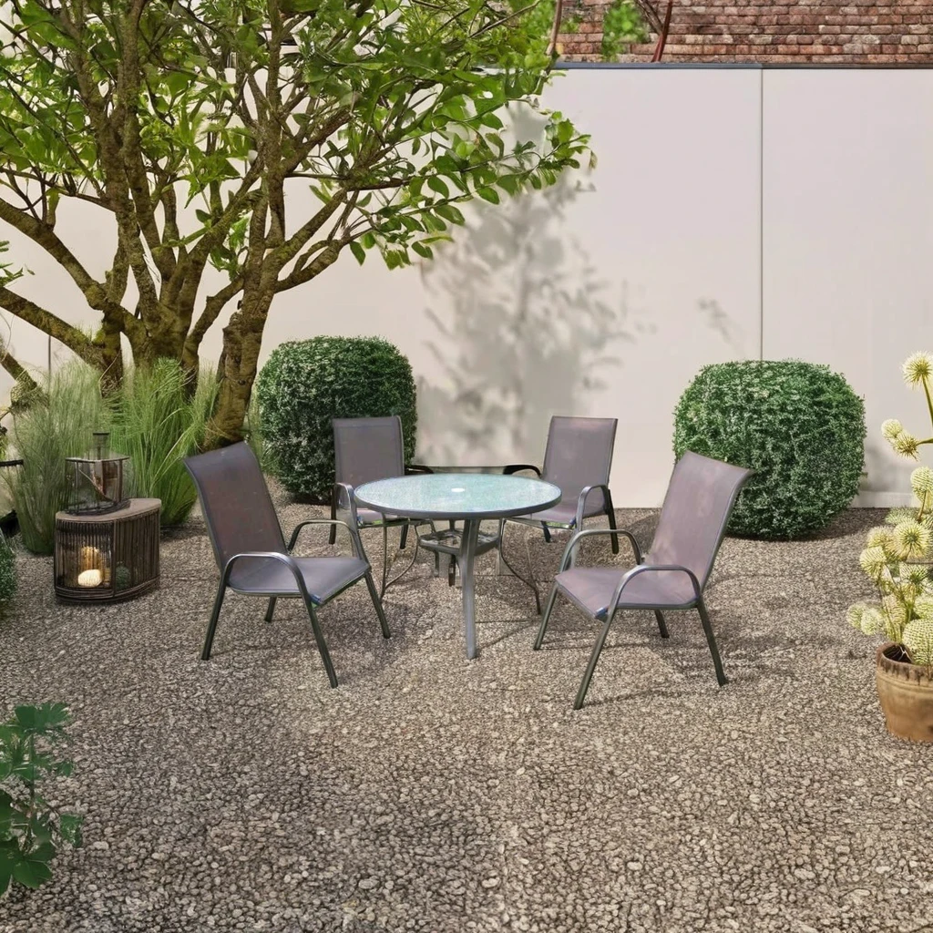 Modern 5-Pieces Outdoor Garden Patio Dining Set Stackable Metal Sling Armchair Glass Table Restaurant Furniture Powder Coated