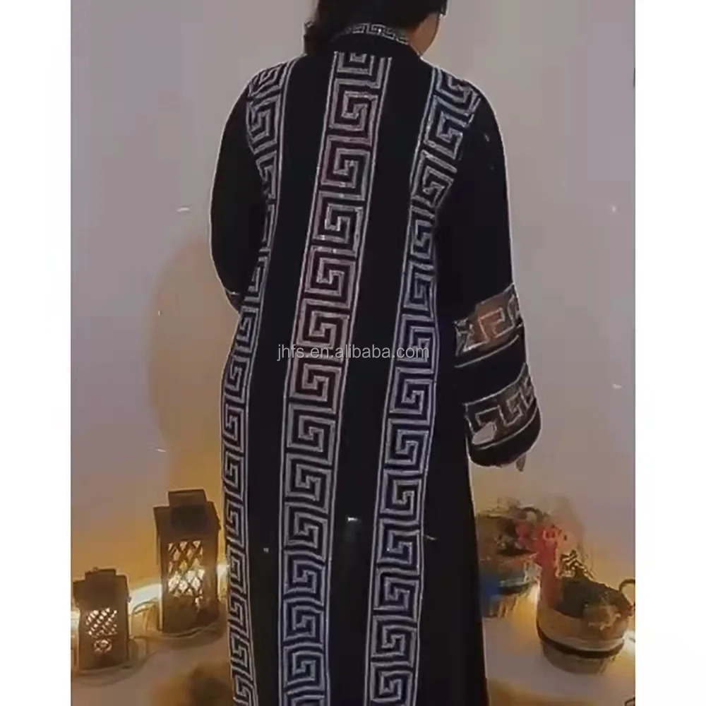 J&H 2022 luxury rhinestone diamond abaya with under dress chiffon 2 piece set Islamic clothing kaftan style muslim dress