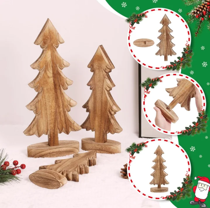 202411 3 Pcs Wooden Christmas Trees Tabletop Christmas Trees Wood Christmas Decoration Handmade Wooden Trees