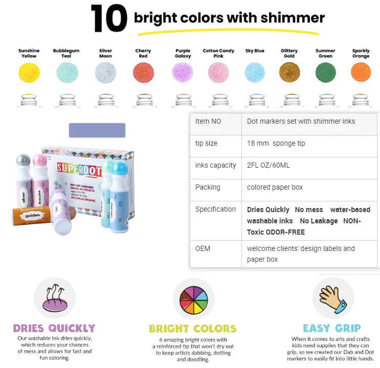 Детские моющиеся маркеры в горошек, набор из 10 блестящих цветов, нетоксичные маркеры для бинго для малышей, книжки для игр