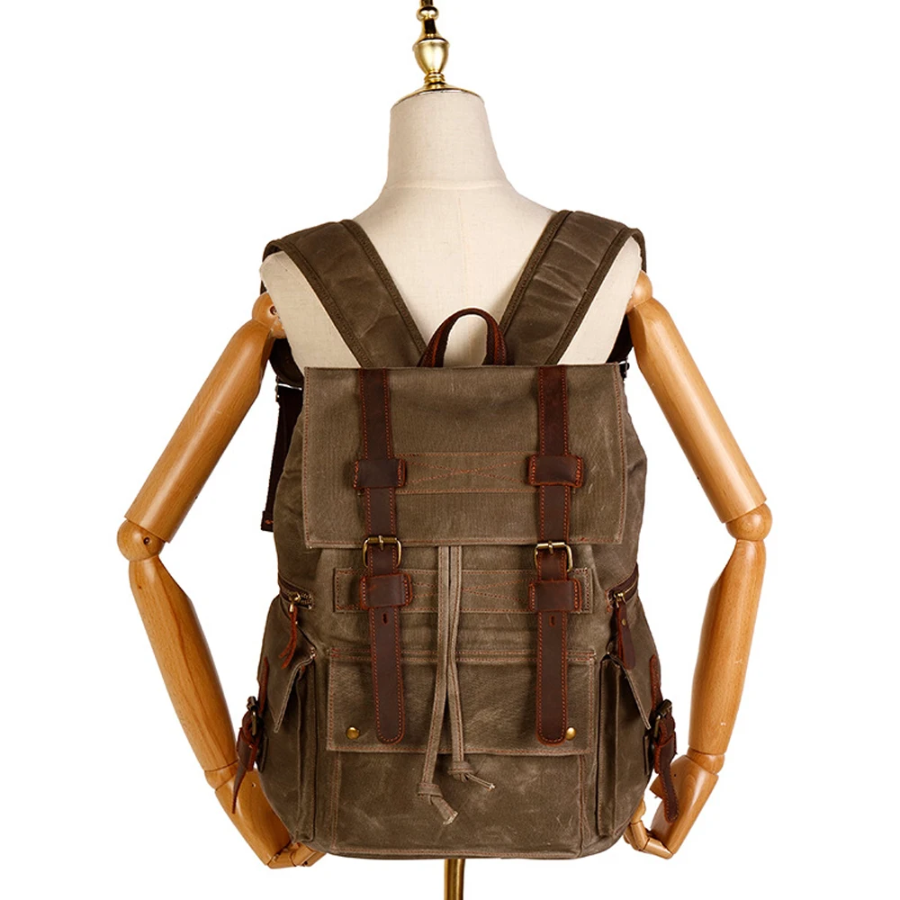 Customized Wholesale New Fashion Vintage Waterproof Genuine Leather Waxy Canvas Backpack Durable Portable Drawstring Rucksack