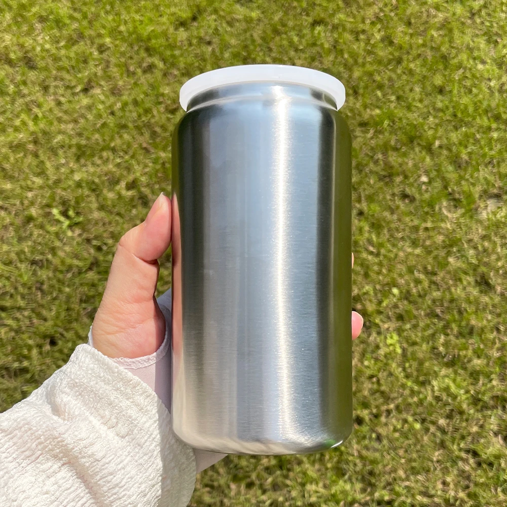 US warehouse 16oz stainless steel can tumbler white sublimation 16oz Metal Beer Can Tumbler with pp plastic lids and bamboo lids