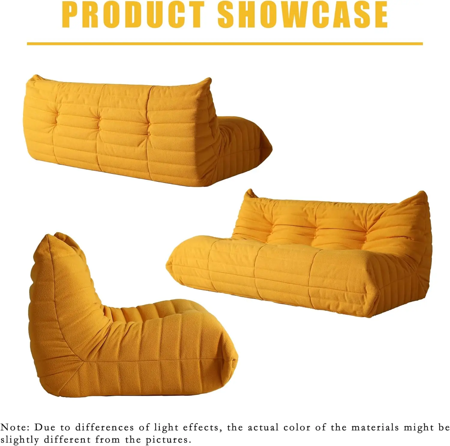 L Shape Modern Style Yellow Velvet Bean Bag Sofa Soft Lounge Accent Chair with Extendable Feature Lazy To Go Floor Sofa