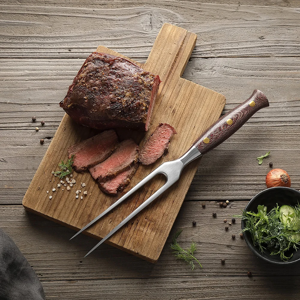 XINZUO New Forged Carving Fork BBQ Grilling Roasting Meat Kitchen Cooking 430 Stainless Steel Micarta Handle Barbecue Cookware