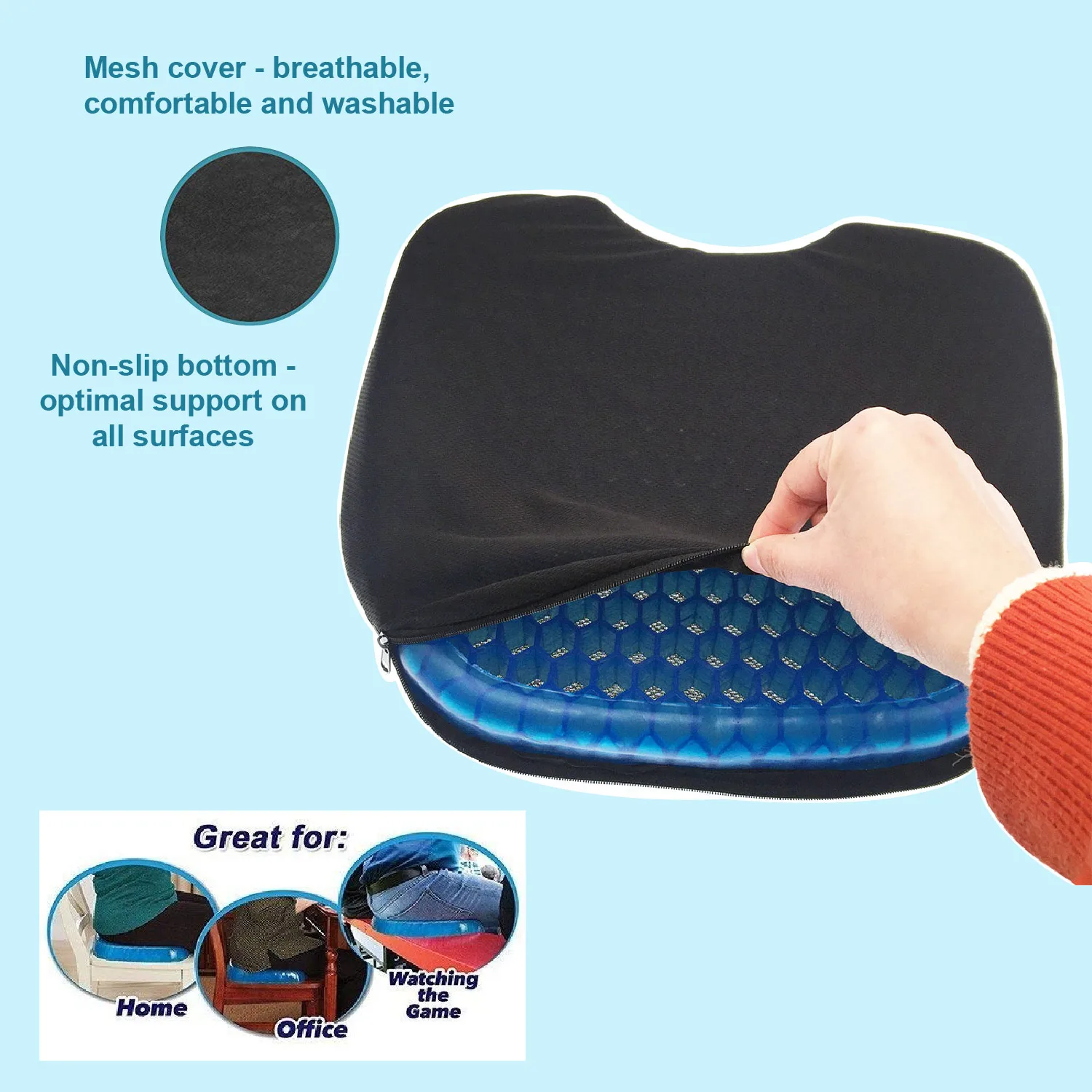 High Quality Office Cooling Gel silicone  Honeycomb Car Seat Cushion  with Out Cover Removable cooling gel car seat cushion