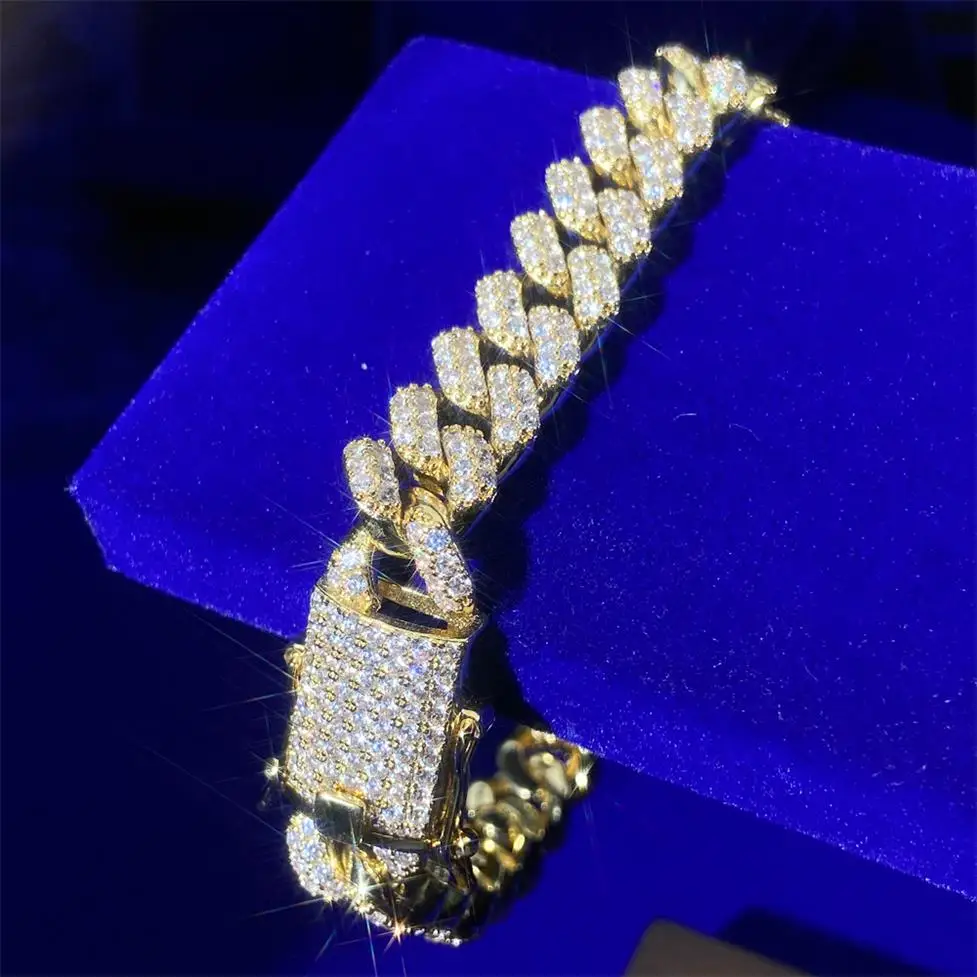 15mm Mens White Gold Diamond 18k Glod Plated Cuban Link Chain Bracelet For Men