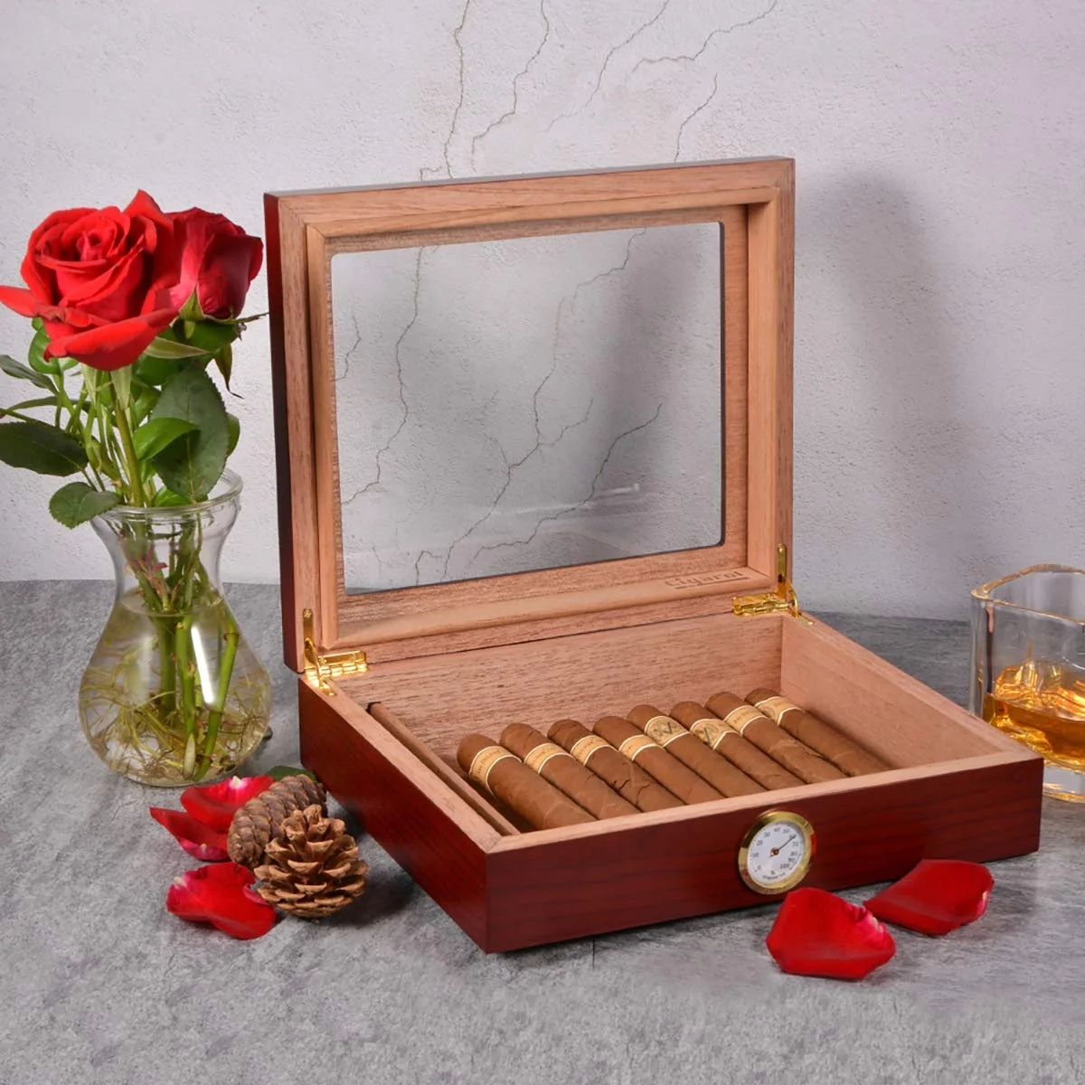 Wholesale Cigar Humidor Case Cherry Finish with Hygrometer and Humidifier Holds 25 Cigars Christmas Gift for Men
