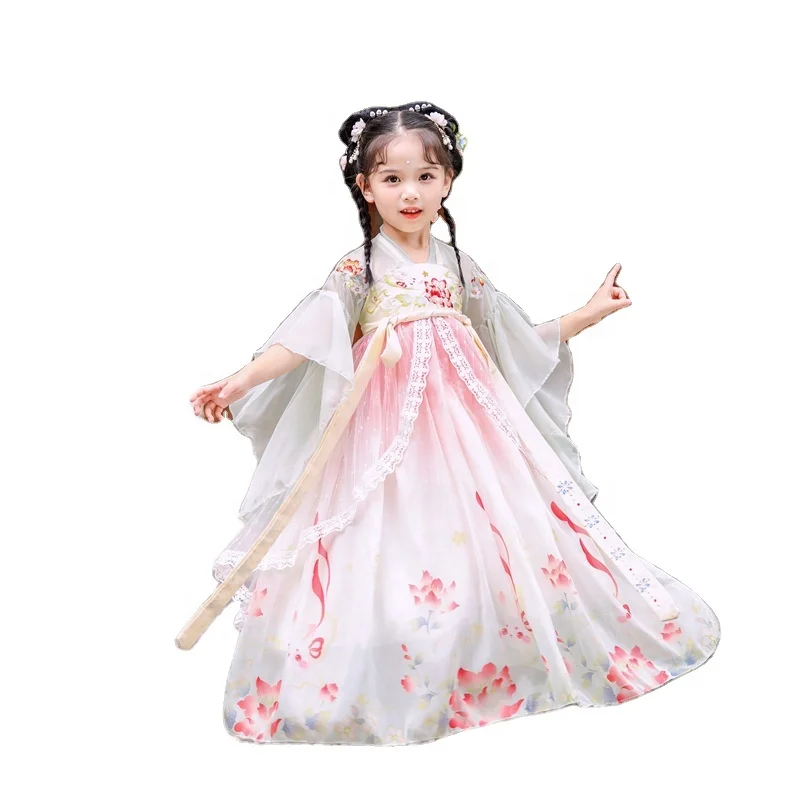 Hanfu Dresses Costume Sheer Top New Year Ancient Traditional Chinese Lace SUNNY Style Tang Dynasty Children Toddler Little Girls