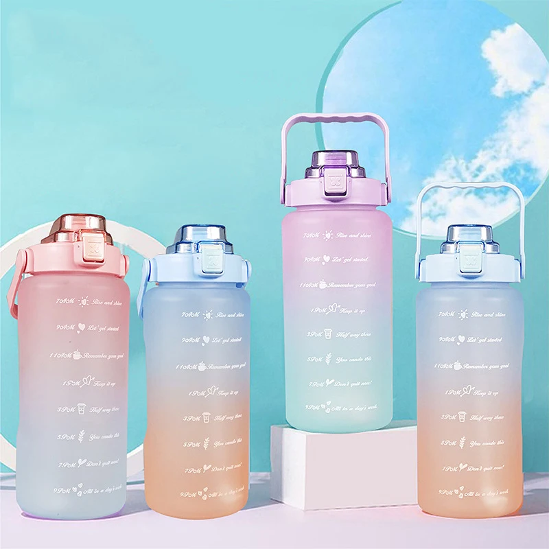 Пластиковые спортивные 2l градиент цвета мотивационные бутылка для воды половина бутылки с водой не содержащая BPA маркером времени соломы фильтр