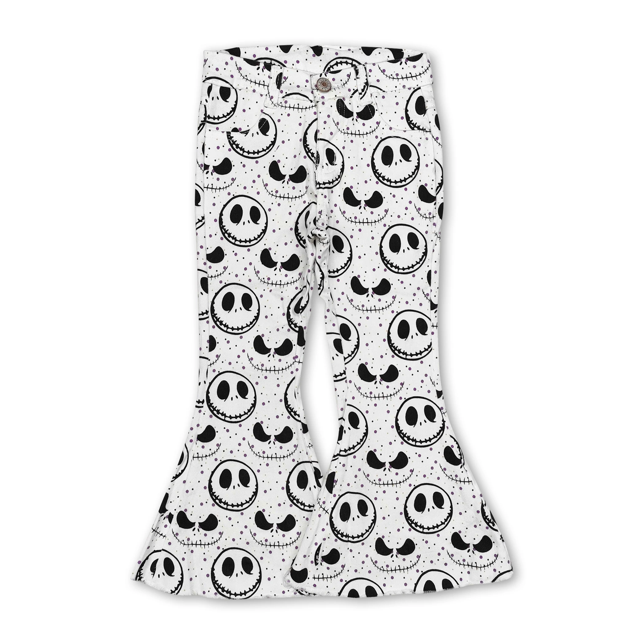 Wholesale Halloween human skeleton print white denim bell-bottoms kids pants girls boutique clothing