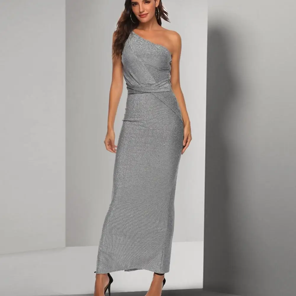 
Women clothes new design grey color one shoulder light silk elegant wedding dress plus size sexy maxi dress bridesmaid 