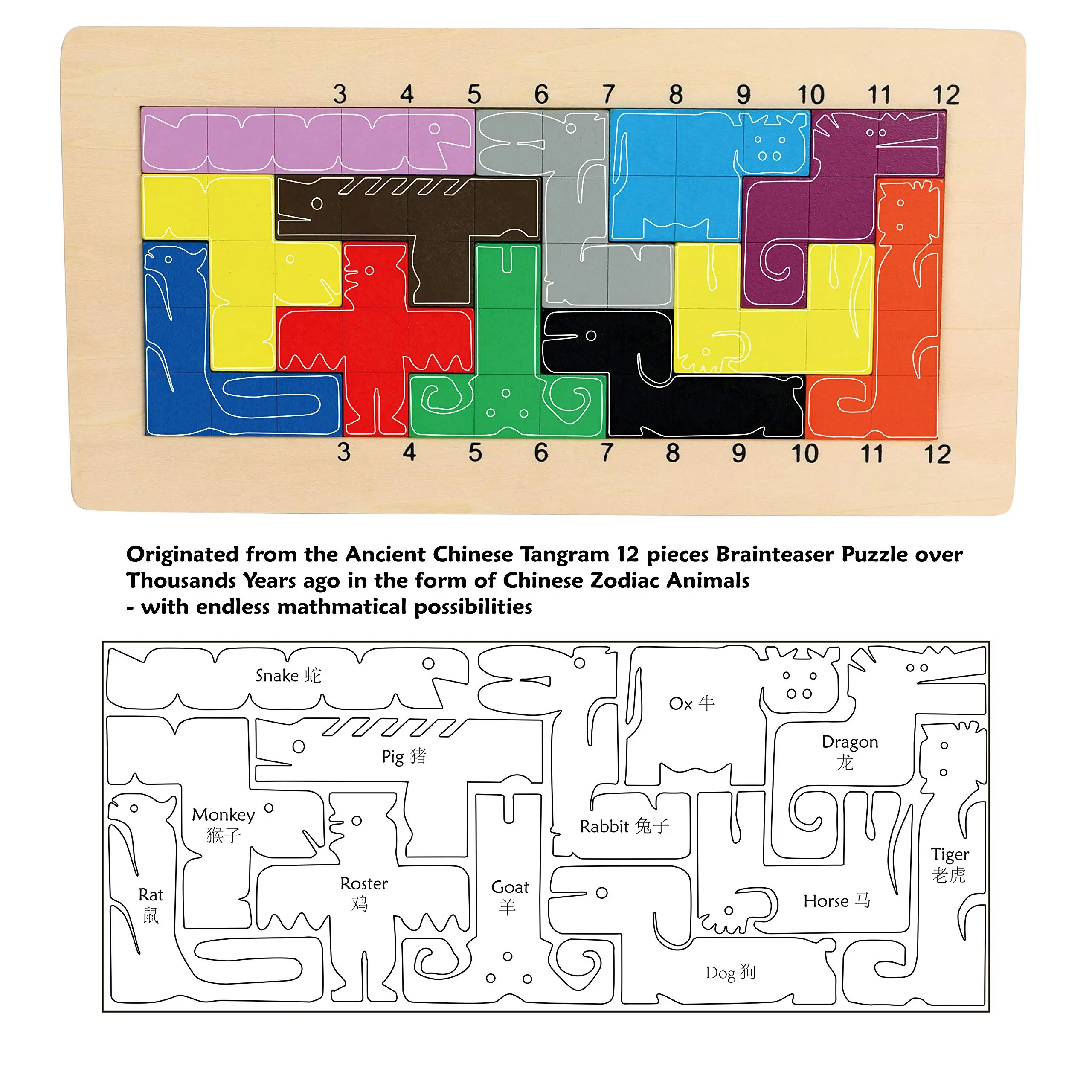 Wooden Pentominoes Puzzle Games, Tangram Geometry Math Pattern Blocks Toys, Smart IQ Math Brainteaser Puzzle for Kids and Adults