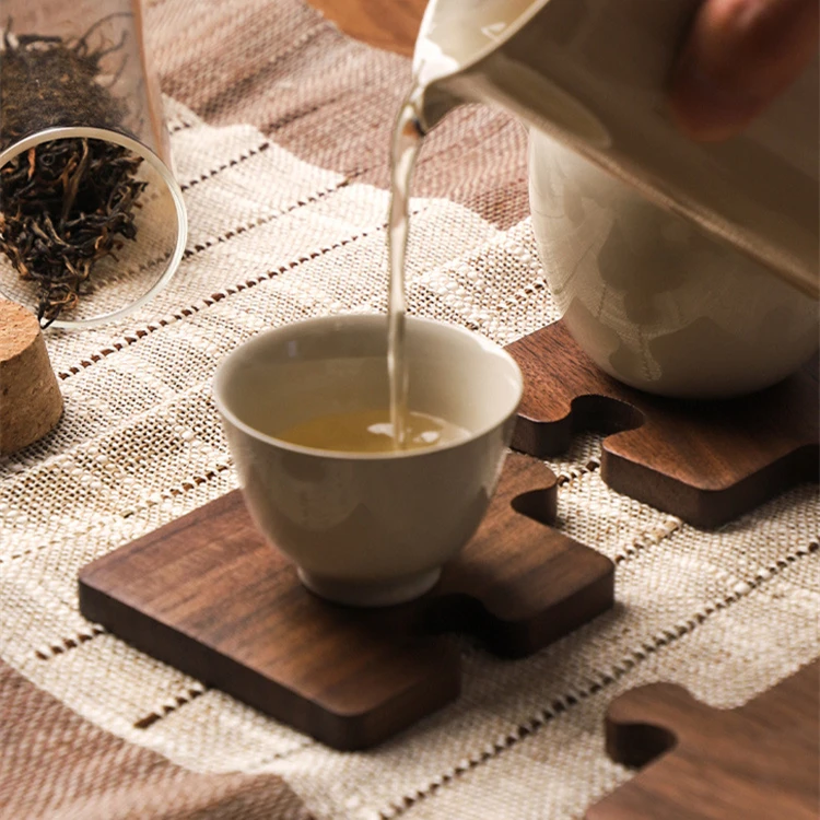 Wholesale Custom Logo Engravable Natural Unique Jigsaw Luxury Walnut Blank Wood Coaster