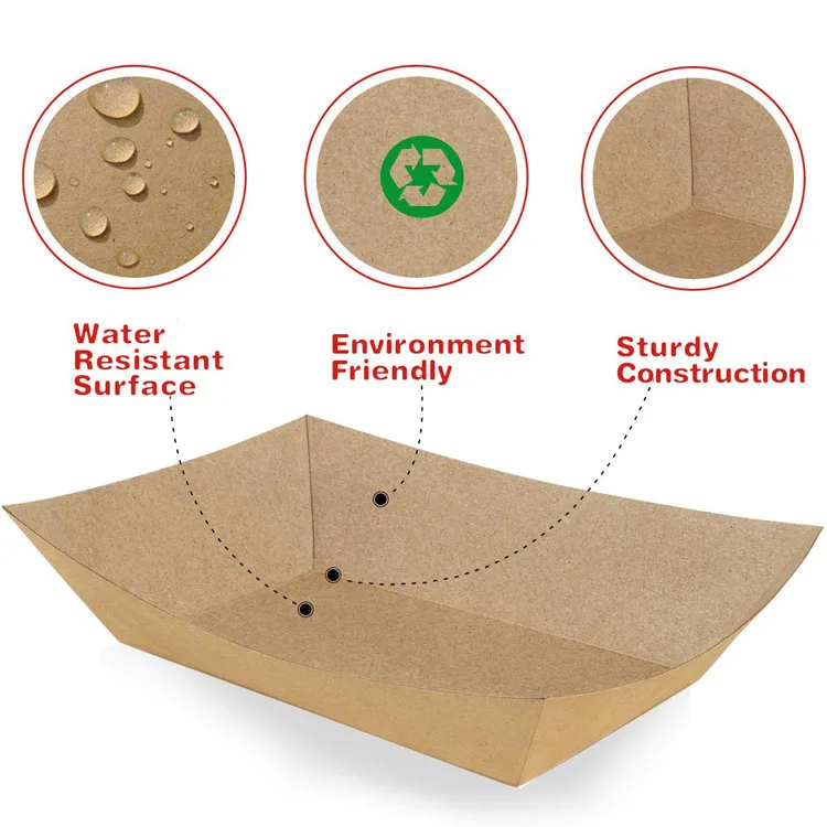 Custom Biodegradable Kraft Paper Lunch Boxes Disposable Boat Paper Tray