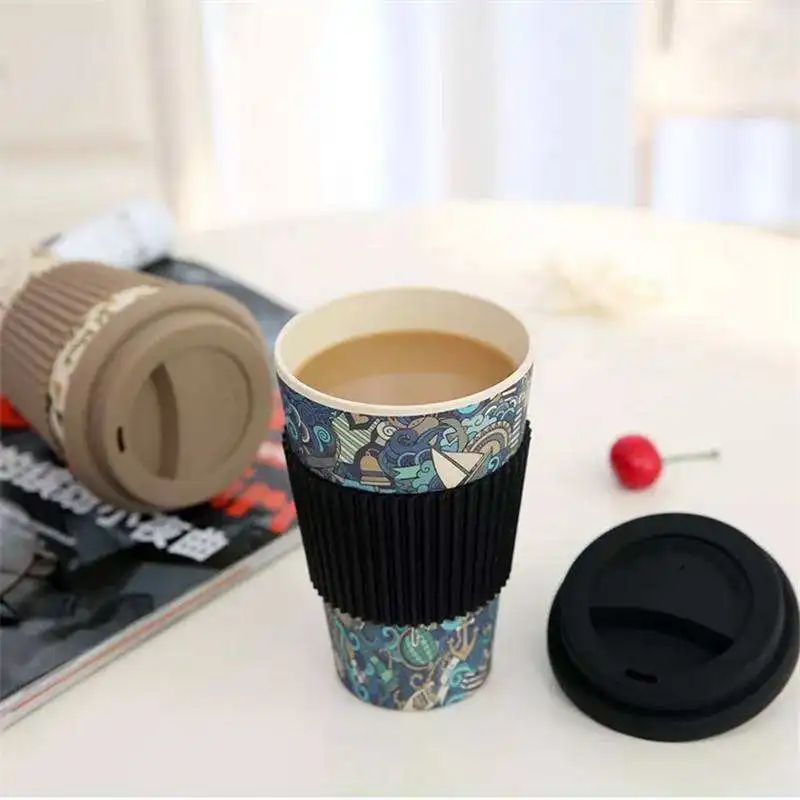 Bamboo Fiber Mugs Biodegradable Coffee Mugs 430ml Coffee Cup with Silicon Lid and Sleeve