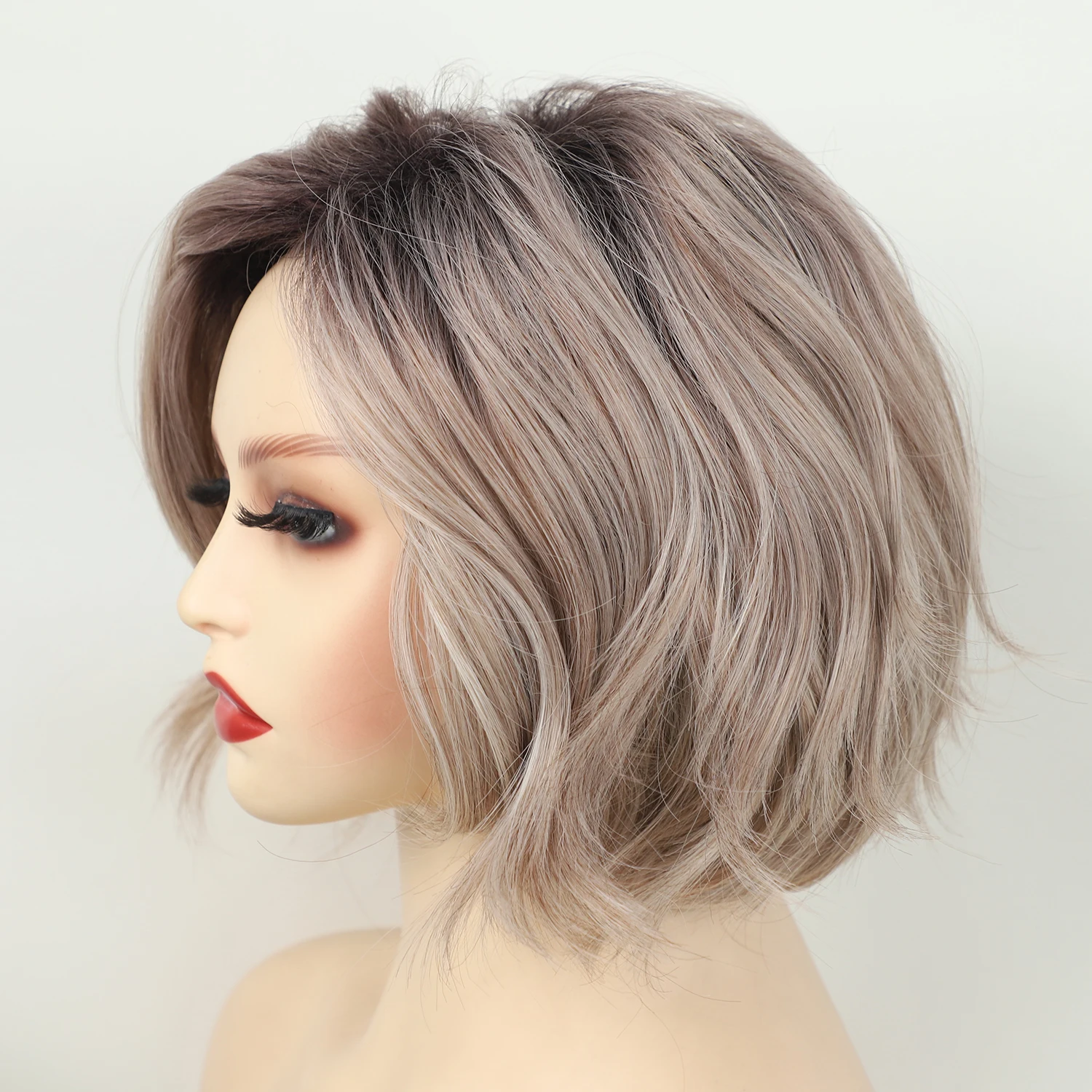 wholesale gray mixed blonde side part natural looking hair wig short wavy synthetic wigs
