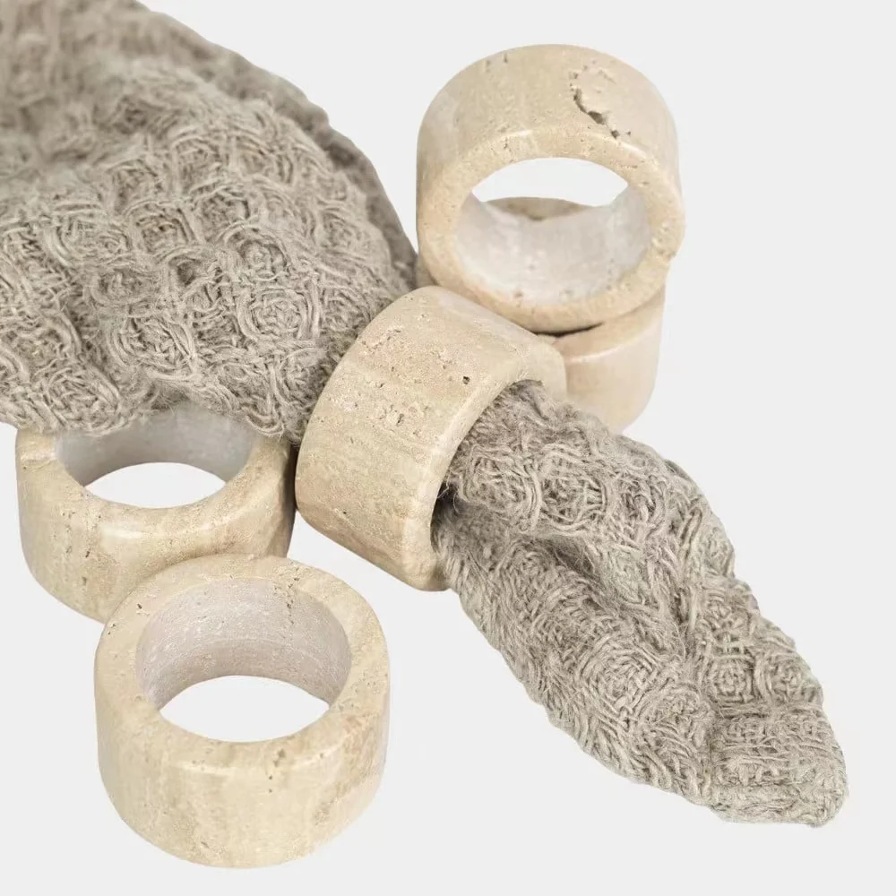 Hot Sale Handmade Natural Beige Travertine Marble Stone Napkin Ring Set