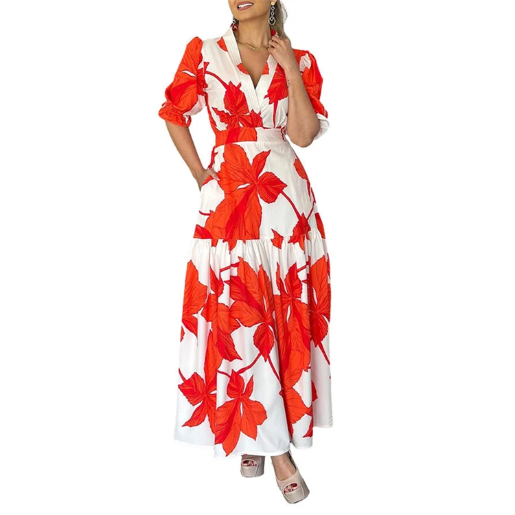 Wholesale african women fashion designs puff sleeve floral dress elegant