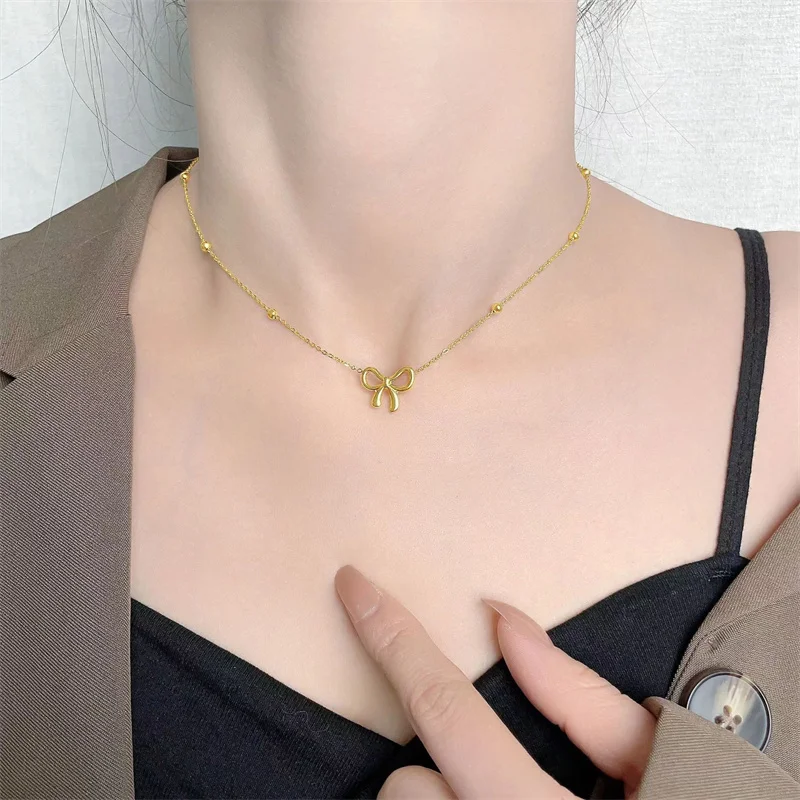 High-end design jewelry new hot sales stainless steel 18k gold plated exquisite bow pendant necklace