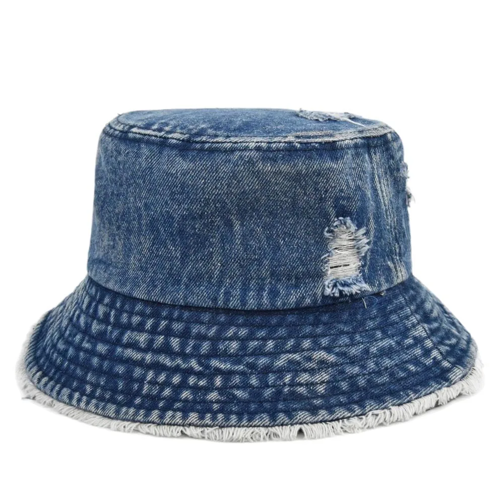 Custom Logo Frayed Brim Washed Cotton Fishing Cap Breathable Summer Sun Hats Women Vintage Denim Bucket Hat