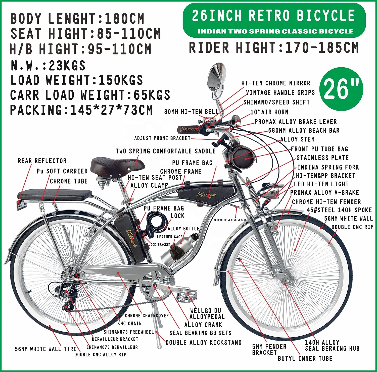 26 Inch Indian Spring Fork Chrome Beach Cruiser Bike  Shimano 7 Speed Classic Bicycle in Store