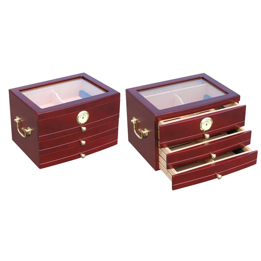 
wholesale custom spanish cedar wooden box tray de puros with hygrometer humidifier solution desktop glass top cigar humidor 